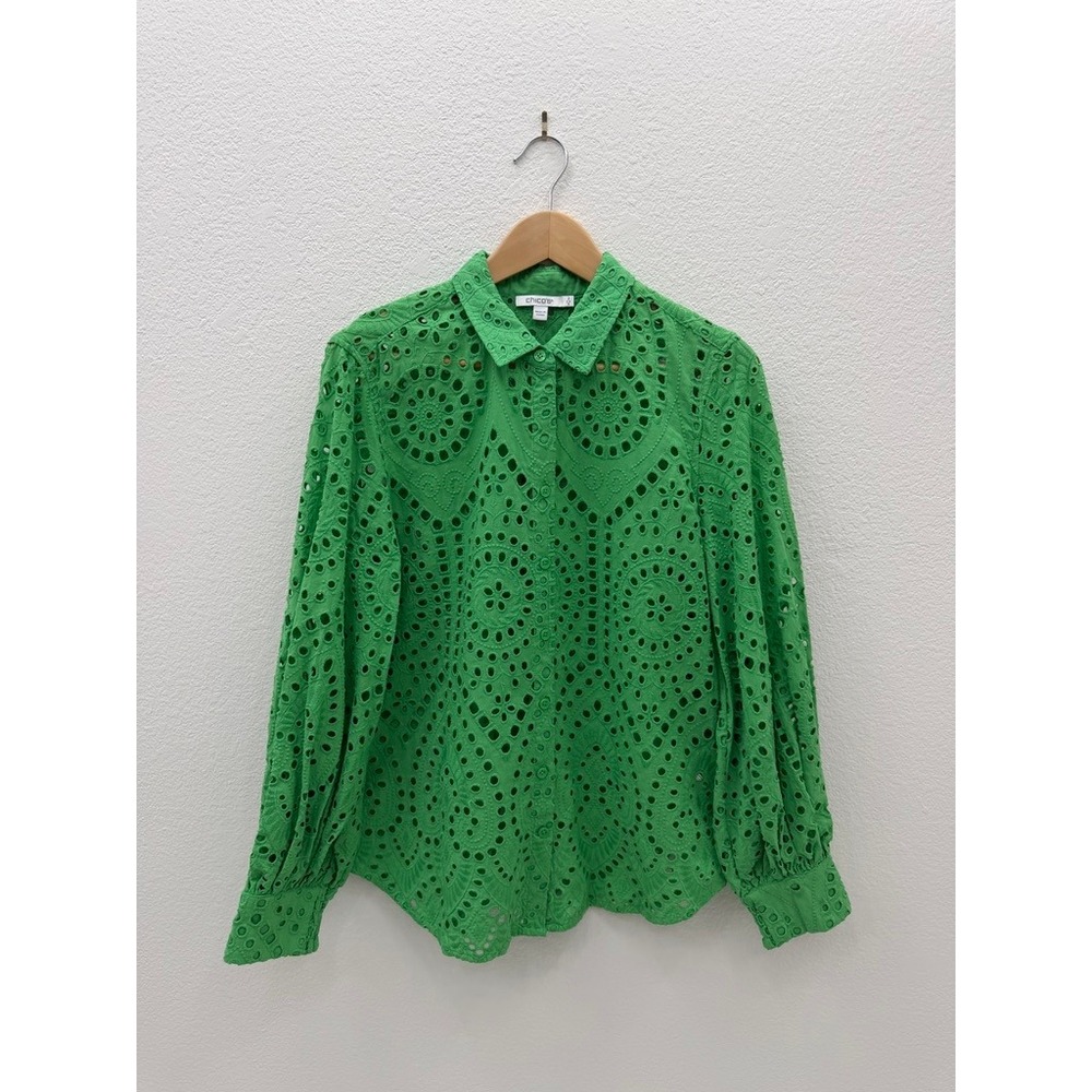 Chico's Eyelet Button Down Shirt Long Sleeve Cotton Blouse Green Size 2 (US 12)